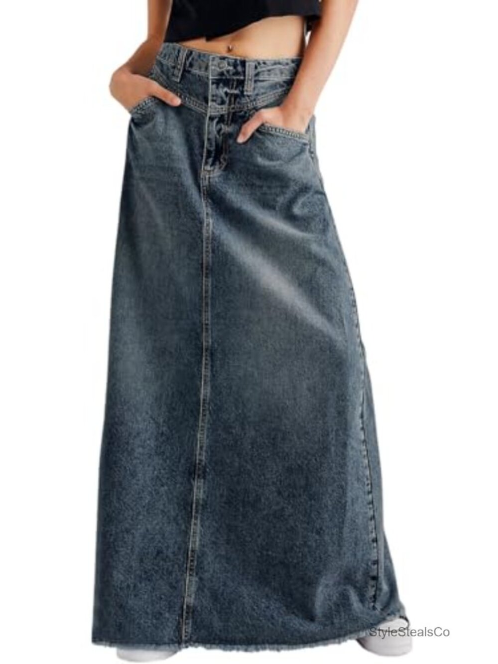 Vintage Denim Maxi Skirt Frayed Raw Hem High Waist A-Line Long Jeans